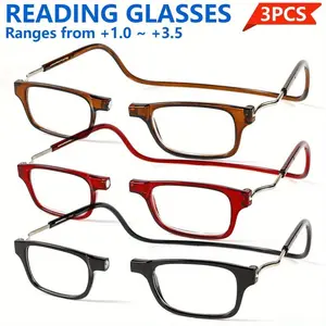 3pcs Magnetic Rectangle Reading Glasses | Small Square Eyeglasses Around Neck Hanging, Lightweight, Adjustable Temple, PC Frame, Farsightedness