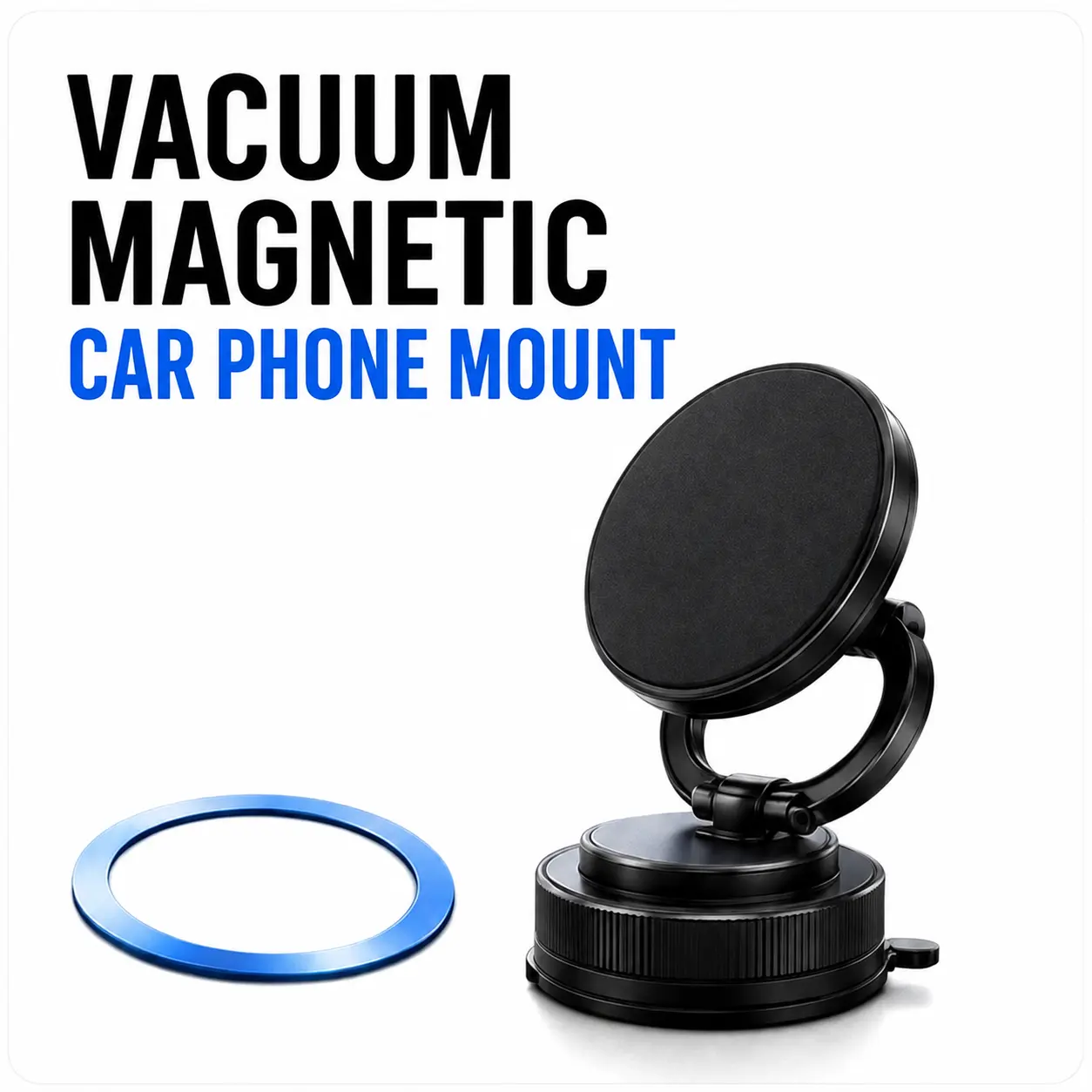 Magnetic Car Phone Mount - Vacuum Suction, Strong Magnetic Hold, 3-Axis Adjustability, 1-Handed Operation, Landscape/Portrait Modes, Residue-Free, Reusable, Non-MagSafe Phone Compatible, for Car Interior Use