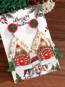 Handmade Pearl & Bead Christmas House Earrings, Festive Holiday Dangle Earrings for Women, Perfect Gift for Winter Wear, Handmade Jewelry