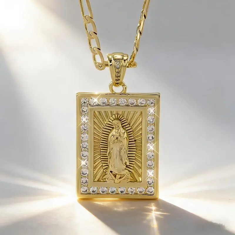 14K Gold Plated Virgen de Guadalupe Necklace Square CZ Halo Pendant with Figaro Chain Elegant  for Any Occasion jewelry