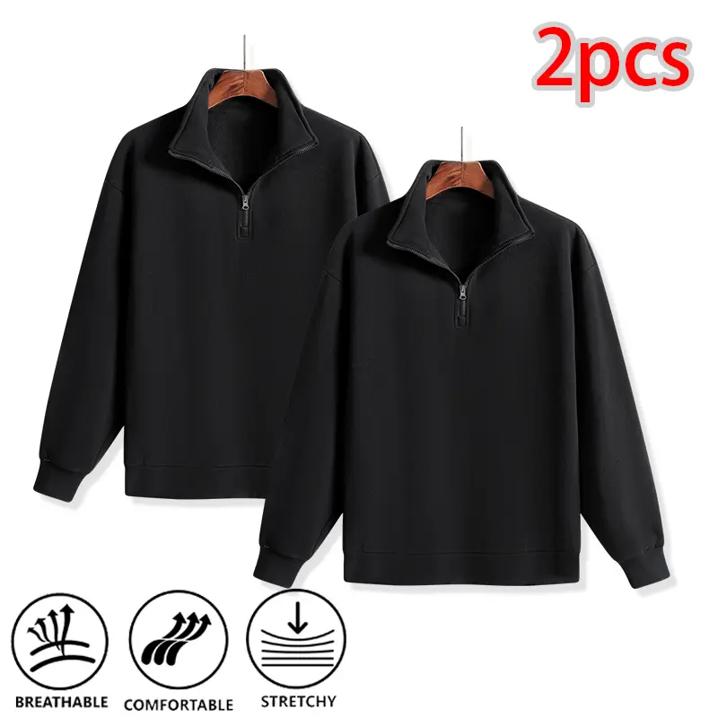 2Pcs Classic Quarter Zip Stand Collar Sweatshirt Long Sleeve Breathable Stretch Pullover Simple Solid Top For Outdoor Walking Shopping Trip