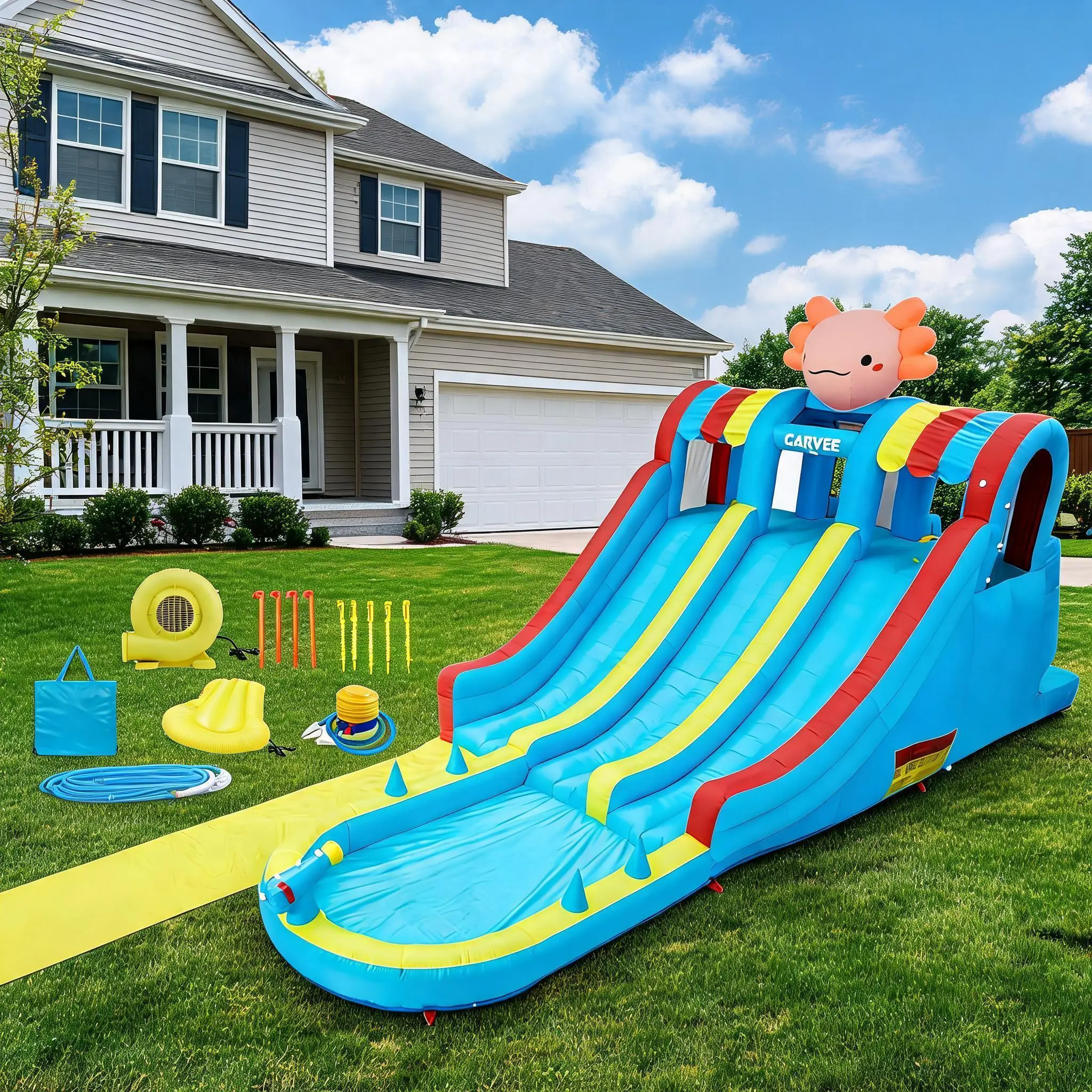 Summervibes Flash sale  Hexagonal Dragon-Themed Inflatable Water Park for Kids – Bounce House, Dual Racing Slides, Long Slip Mat, Large Splash Pool, Durable Oxford, Powerful Blower – Outdoor Backyard Summer Fun