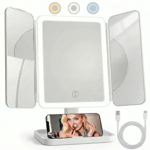 Height Adjustable Trifold Tabletop Mirror with Seamless Light Strip, 1X/2X/3X Magnification, 4800mAh Rechargeable Battery, Dimmable 3-Color Lighting, Women's Gift