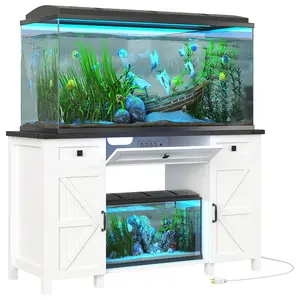 Aquarium Stand 55-75 Gallon with Charging Station Farmhouse Fish Tank Stand Reptile Terrarium 3-Layer Drawer Cabinet Storage Sturdy Heavy Duty 53.5"x19.7" Tabletop White Stable