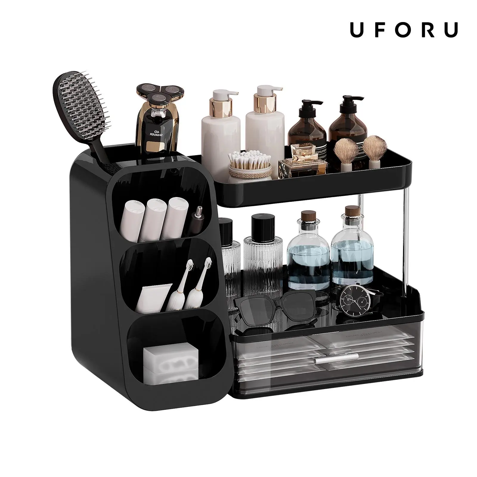 UFORU Modern Bathroom Organizer - 1-in-1 Vanity Storage Accessory with Sturdy Metal Bracket, Easy Installation & Cleaning, Ideal for Makeup, Skincare & Brushes