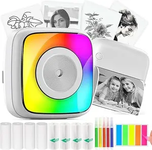 HuiJuKeJi Mini Sticker Printer with RGB Light Pocket Inkless Thermal Printer for iOS&Android, 9 Rolls Thermal Paper＆5 Color Pens, Bluetooth Smart Portable Receipt Printer for Photo Journal Notes Memo