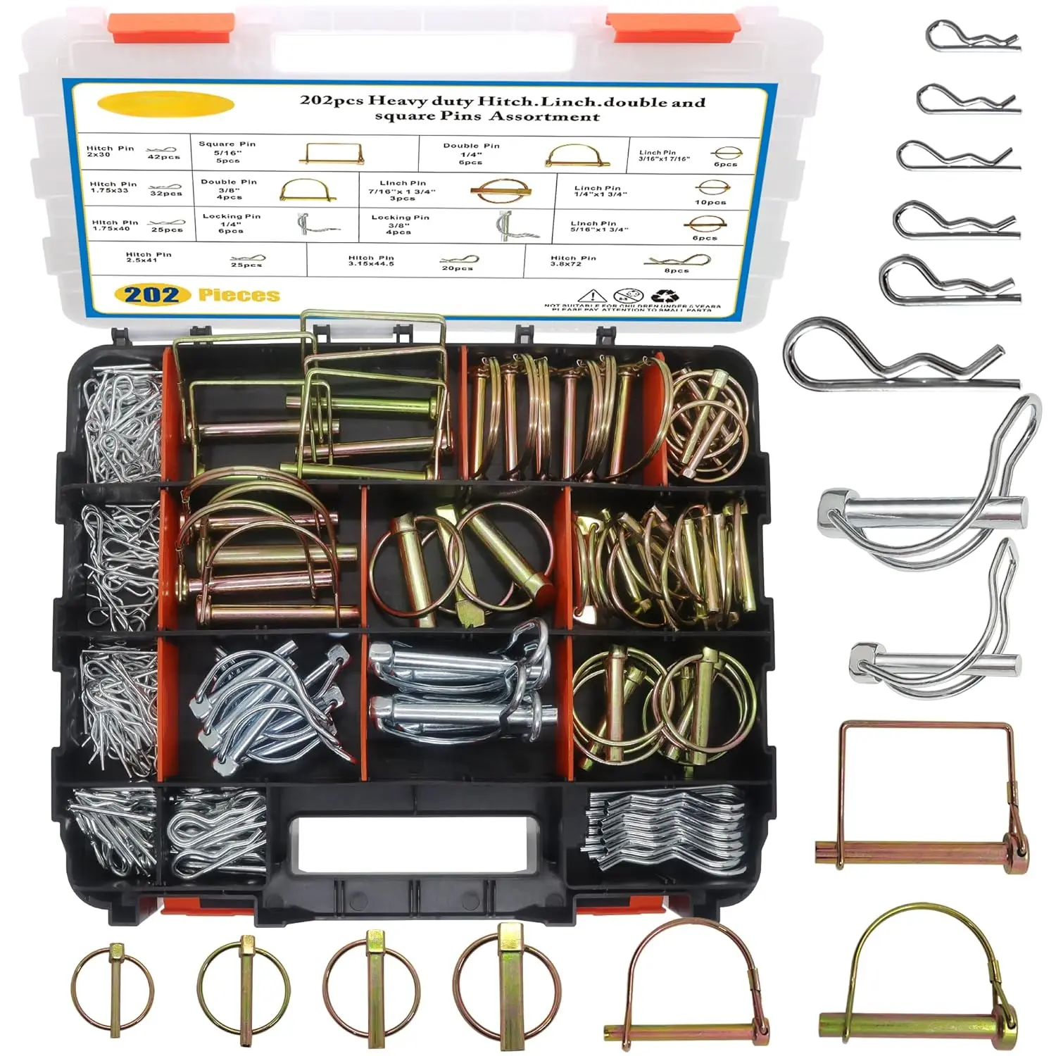 202-Piece Hitch Pin, Linch, and PTO Pin Clip Set for Trailers, Tractors, Trucks, Towing, Mowing, Farm Equipment, Snow Plows, Lawnmowers, Heavy Duty Trailer Accessories, and Tractor Attachments
