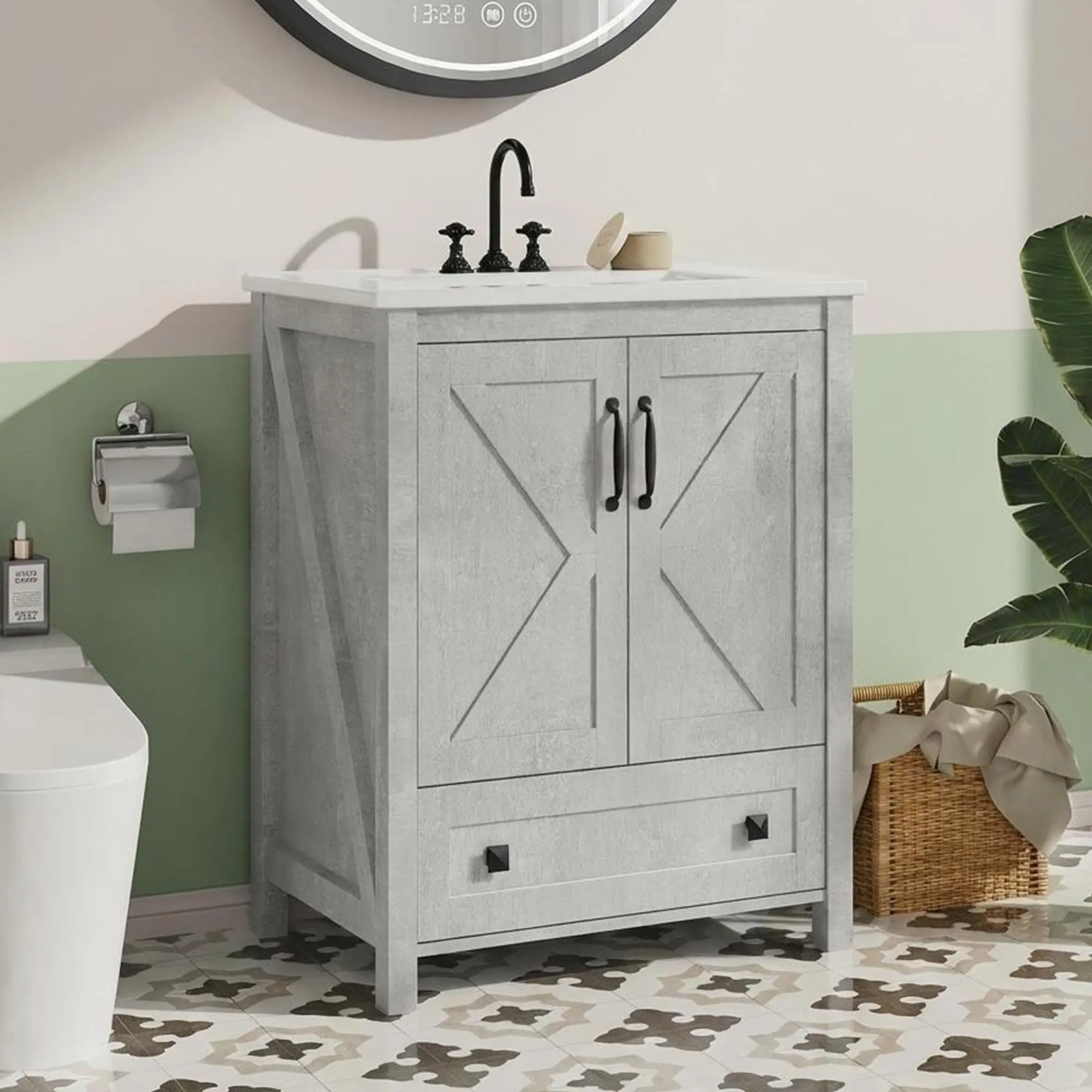 Cement Grey Modern Wood Bathroom Vanity Set - 30-Inch Sturdy Freestanding Cabinet for Powder Room, Integrated Mark-Resistant Ceramic Basin, 2 Doors, Storage Drawer, Waterproof, Moisture Resistant, Assembly Required, Easy DIY Installation - E7021-W