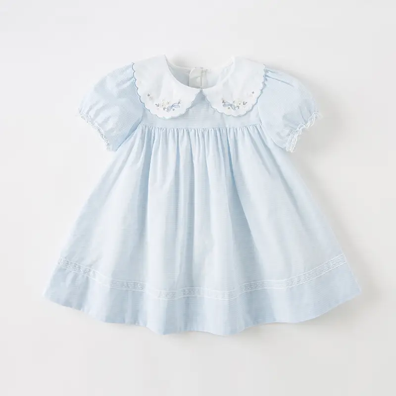 Dave Bella Toddler Girls Summer Dress, Short Puff Sleeve Cotton Sundress Blue Striped Flower Embroidery Prince Dresses