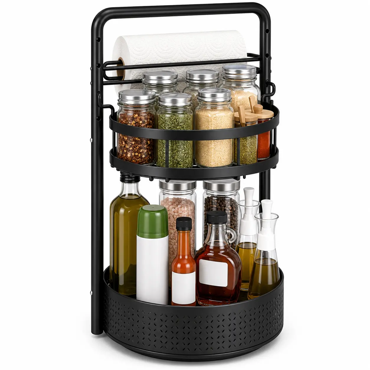 Stainless Steel 360° Rotating 2-Tier Adjustable Lazy Susan Spice Rack Organizer with Paper Towel Holder, Kitchen Countertop Storage for Spices, Condiments, Oil Bottles, Pantry Organization