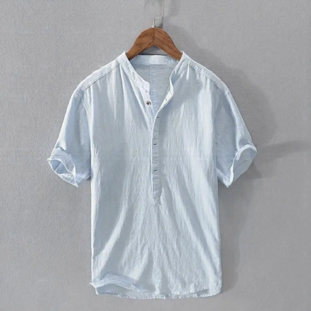 Men's solid color simple cotton and linen short-sleeved shirt casual T-shirt loose fashion summer