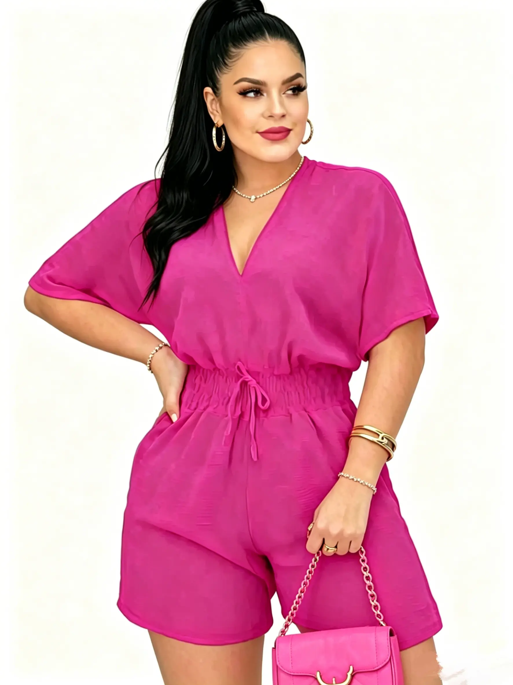 Women's Plain Drawstring Shirred Waist Fitted V Neck Romper, Casual Half Sleeve Zipper Back High Waist Romper for Summer, Fashion Women' Clothing for Daily Wear Womenswear Lady