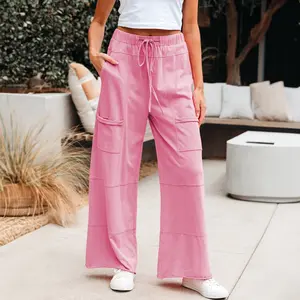 Women's Mineral Wash Exposed Seam Drawstring High Waist Wide Leg Cargo Pants Baggy Casual Bottom