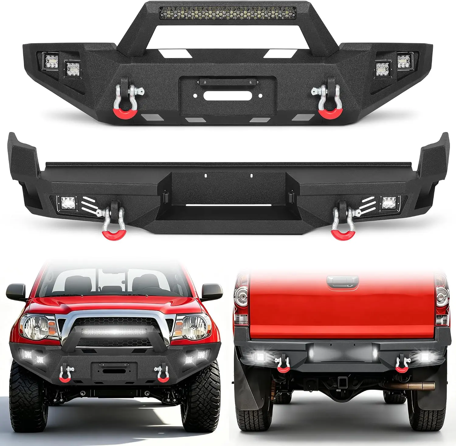 MONOKING  Front and Rear Bumper Set for 2005-2015 Tacoma 2nd Gen, Steel Off-Road Bumpers with Winch Plate, LED Lights and D-Rings