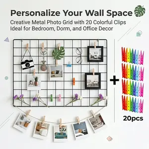 Black Metal Wire Wall Grid Panel with 20 Colorful Clips, DIY Photo Display Rack, Versatile Decorative Organizer for Bedroom, Dorm & Office, Perfect for Photos, Notes & Art Prints