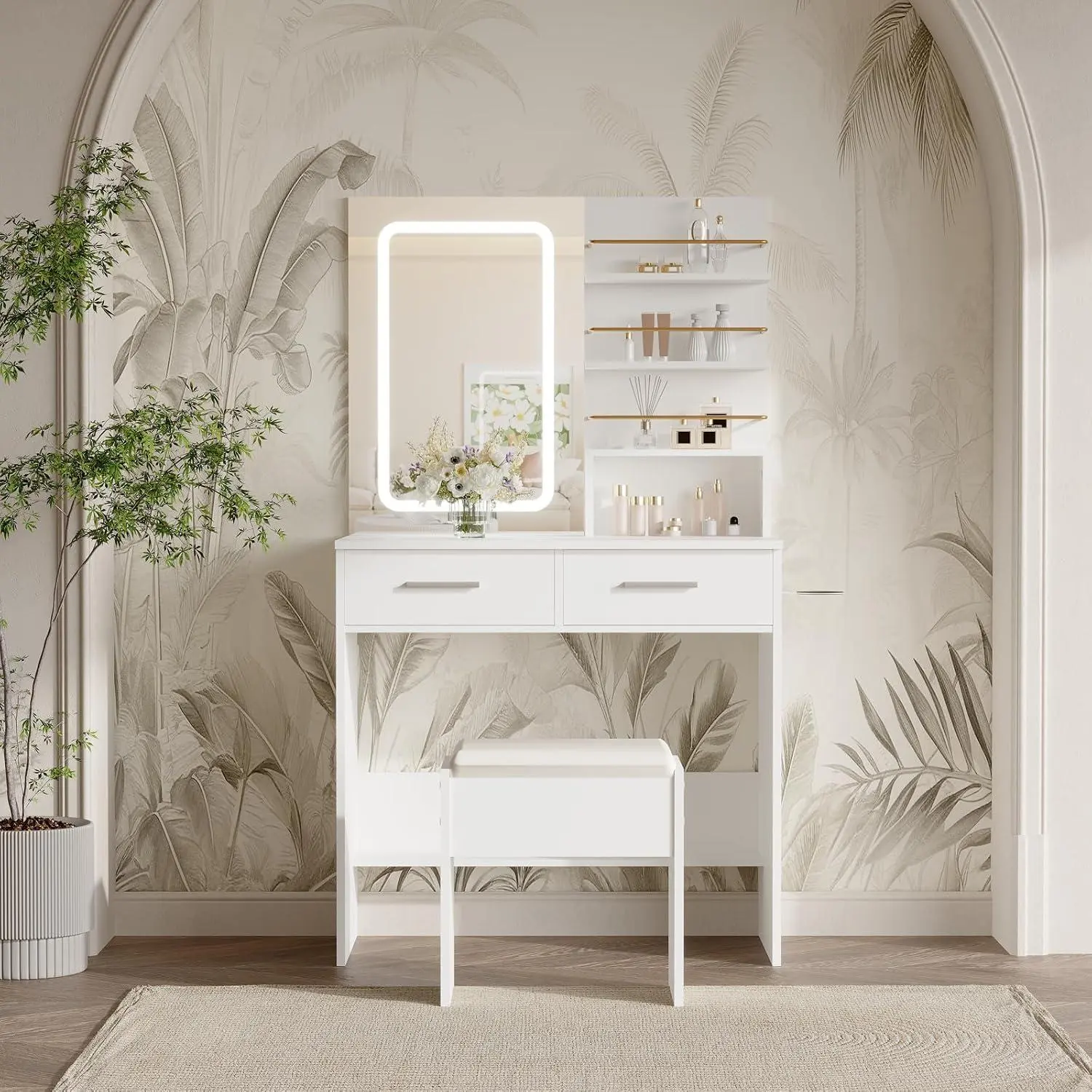 Garvee Lighted Vanity Desk with Mirror - 3 Light Modes, Adjustable Brightness, 2 Drawers, Open Storage Shelves, Cabinet, Stool - Single-Seat Indoor Furniture Dressing Table for Bedroom