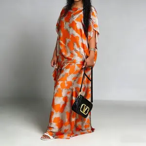 Bright Orange and Neutral Abstract Print 2-Piece Kaftan Set + Matching Head Wrap | Oversized Plus Size Maxi Dress Set