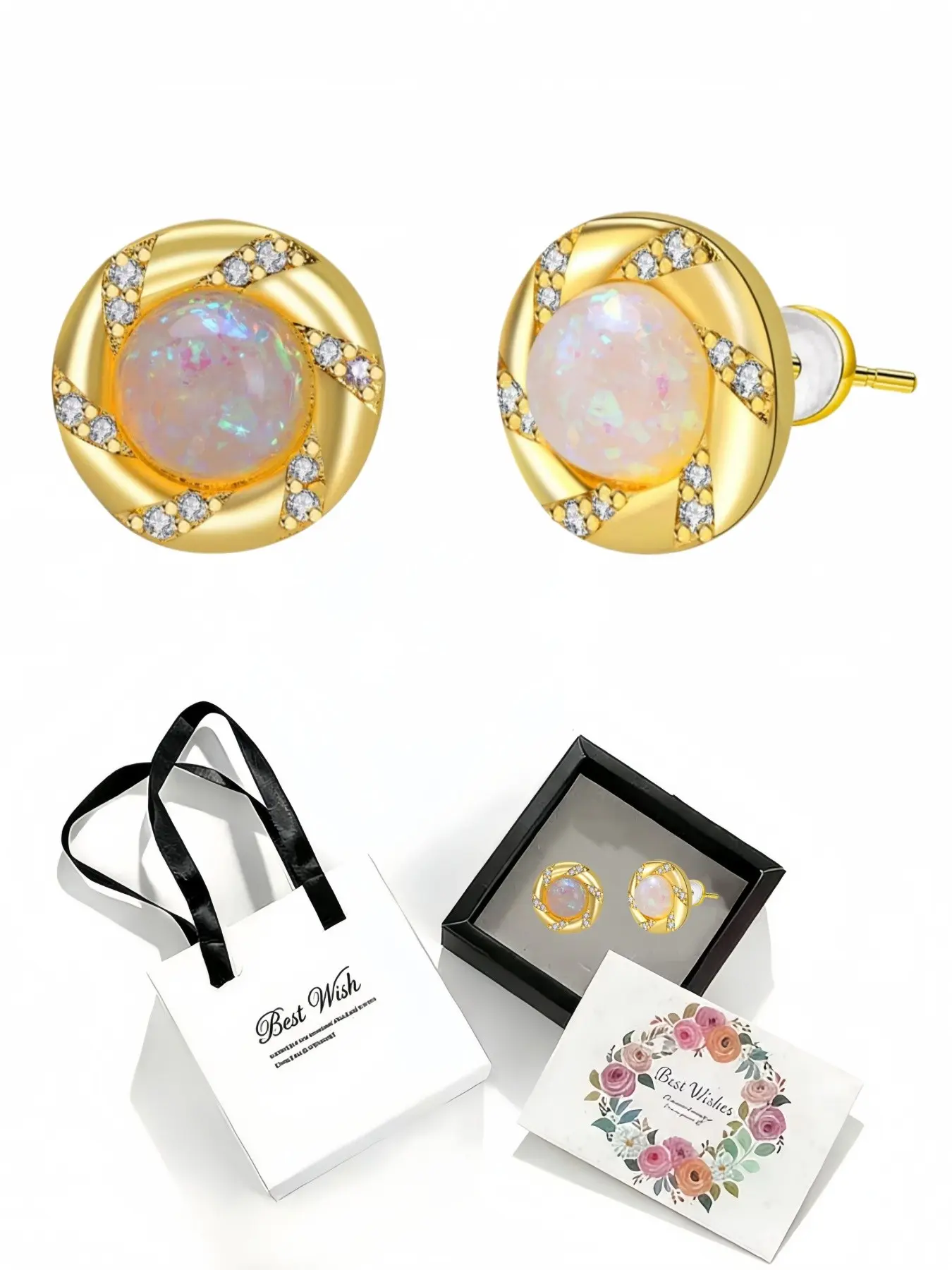 Paved Star Spiral · Opal Studs Vintage French luxury opal earrings with delicate drawer-style jewelry box. Ideal gift for women on birthdays, Mother's Day, Valentine's Day, Christmas and anniversaries.