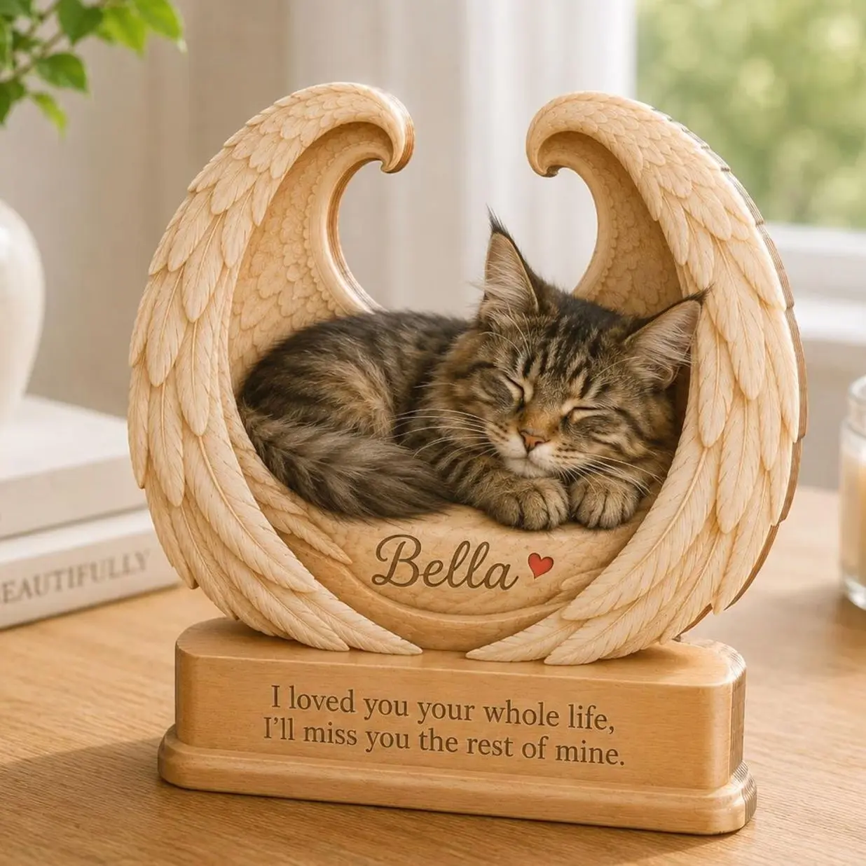 Personalized Cat Memorial Wooden Block, Custom Cat Photo Angel Wings Keepsake, Cat Loss Sympathy Gift, Pet Memorial Decor