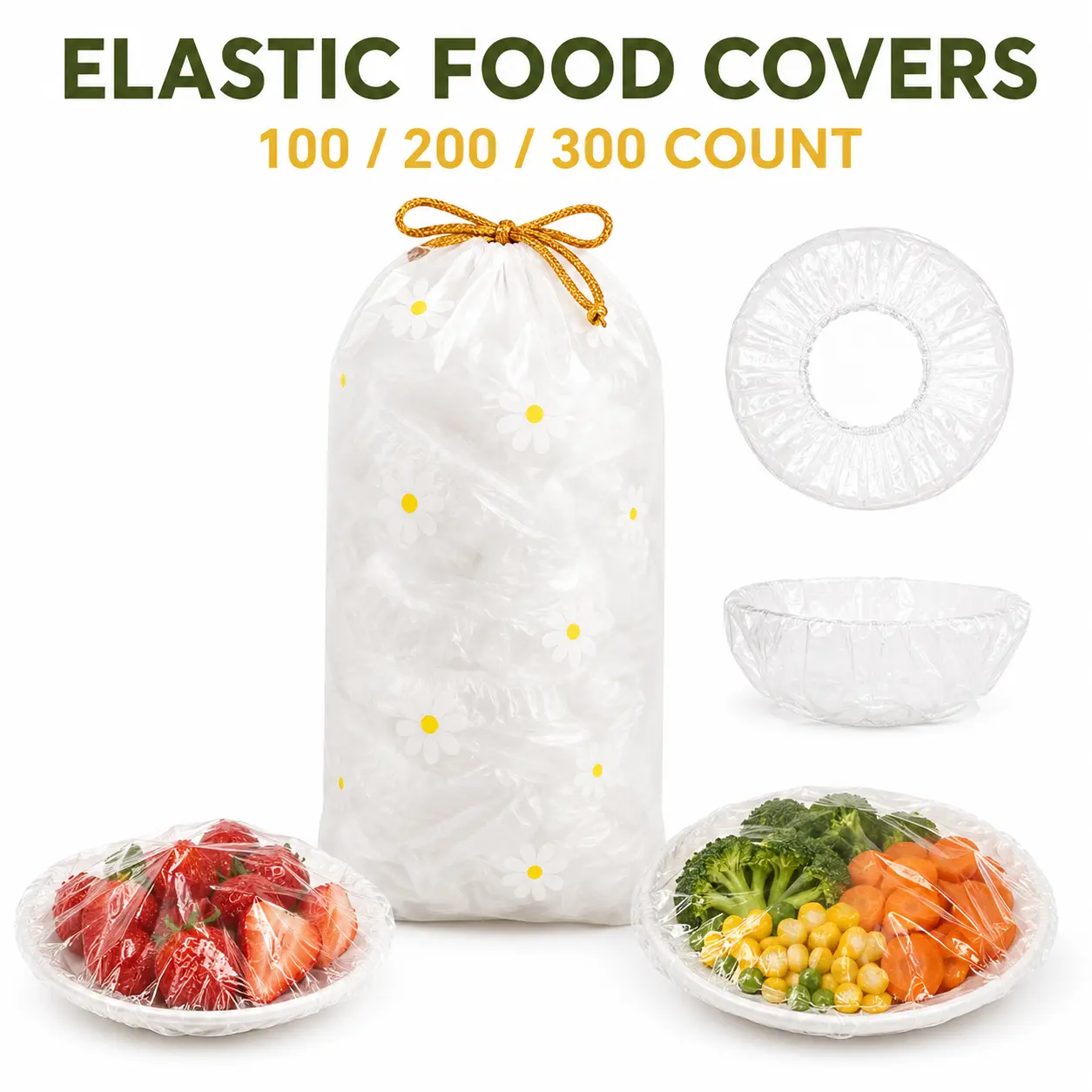 Disposable Stretch Food Covers, 100/200/300 Count Elastic Bowl Covers, Clear PE Plastic Wrap Covers for Plates, Bowls and Containers, Flexible-Fit Leftover Storage Covers for Home Kitchen, Picnics and Parties