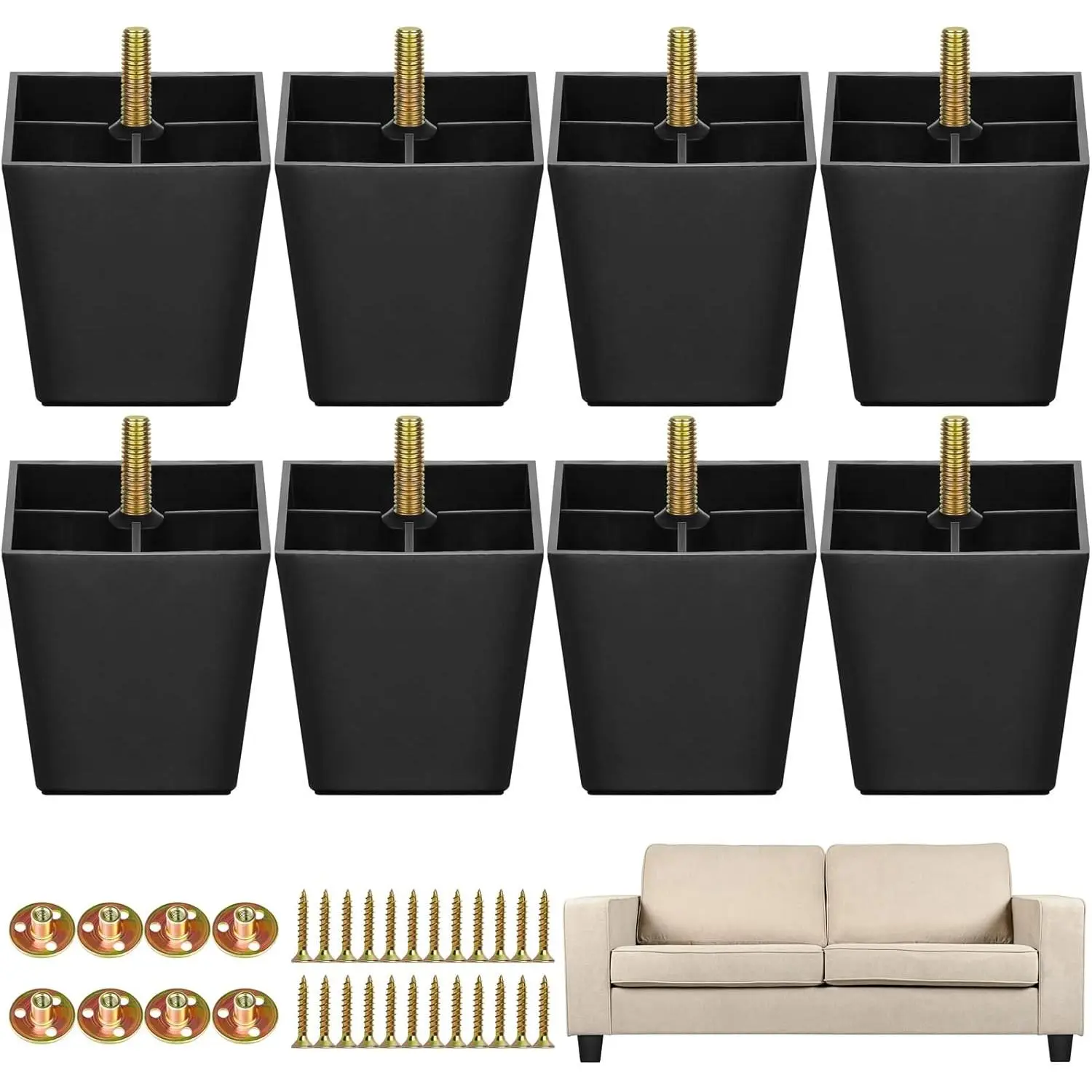 8-Pack 3-Inch Black Plastic Square Tapered Furniture Hardware Sofa Couch Legs with M8 T-Nuts Screws for Sofas, Chairs, Cabinets, Dressers, Beds