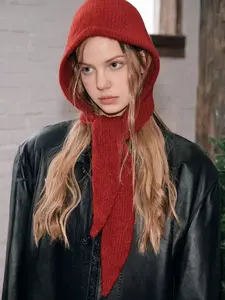 Women's Winter Balaclava Knit Hat with Neck Warmer, Street Style Applique Design, Warm Outdoor Beanie for Cold Weather, Knitted Winter Hat