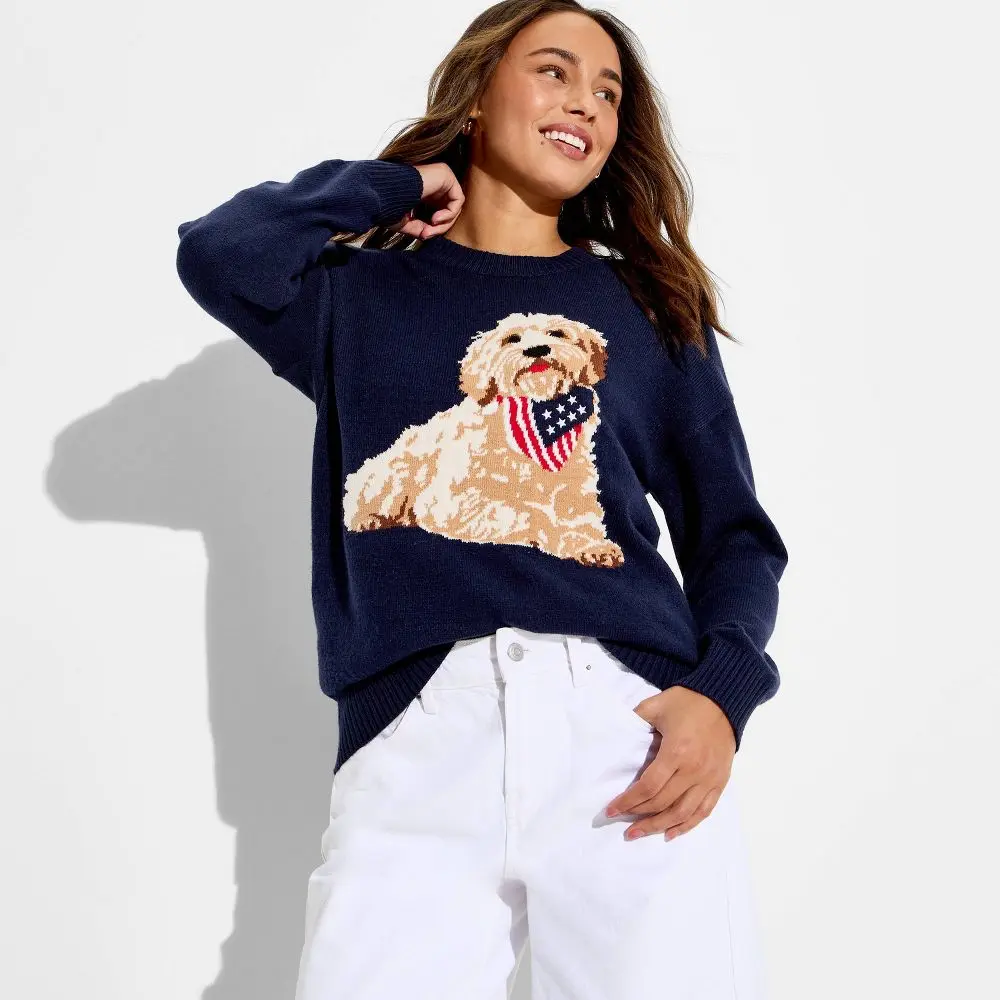 Women's Americana Dog Long Sleeve Graphic Pullover Sweater