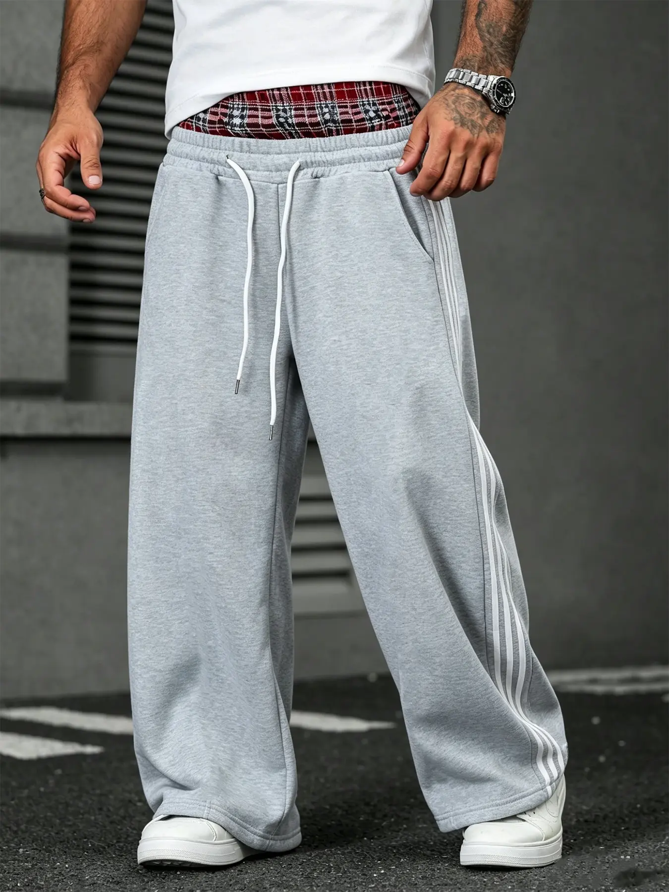 Men's Plus Size Plaid Wide Leg Sweatpants, Side Three Stripes Loose Fit, American Y2K Street Style, Casual Fleece Joggers, Loose Drawstring Sweatpants, Athleisure Style Bottoms, Casual Fashion Sweatpants, Casual Comfy Sweatpants