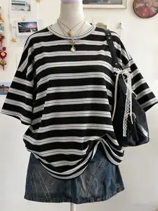 Daily Casual Versatile Simple Striped Round Neck Short Sleeve T-Shirt, Loose-Fitting Summer Top, Women's Basic Tee