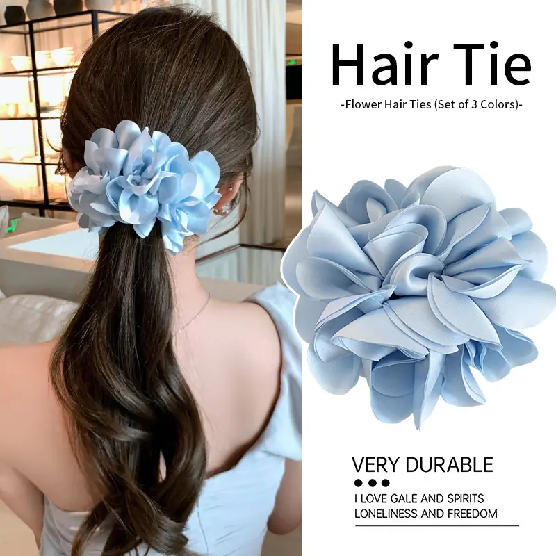 Satin Flower Hair Scrunchies for Women, 3Pcs Large Floral Hair Ties, Coquette Bridesmaid Hair Accessories for Ponytail, Set Of Three, Casual