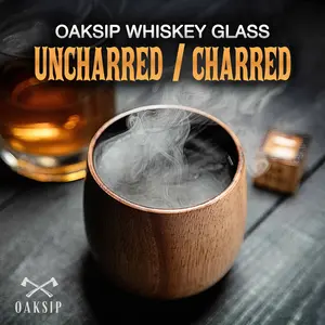 Oaksip - Wooden Whiskey & Bourbon Drinking Glass Tumbler Cup, Charred or Uncharred Old Fashioned Glass, Perfect Gift for Men, Traditional Drinkware, Perfect Holiday Gift