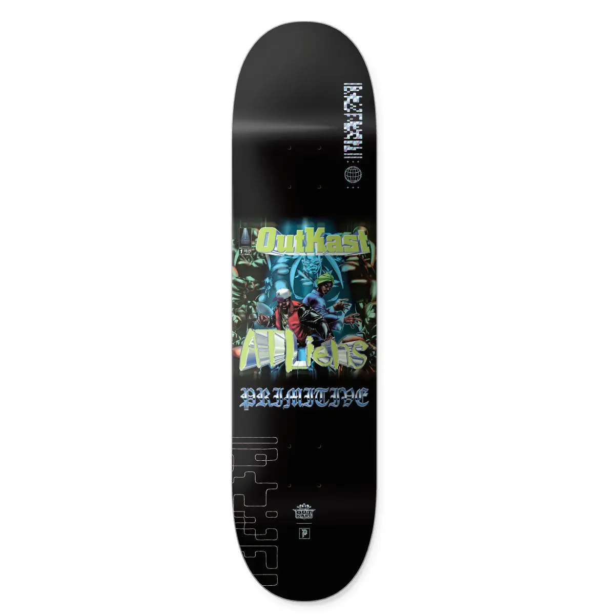 Primitive Skateboarding Atliens Team Deck 8.25", 7-Ply Hard Rock Maple with Silver Foil Screen Print, Medium Concave Production Shape, 14” Wheelbase, 14 Inches, 7 Ply North American Hard Rock Maple