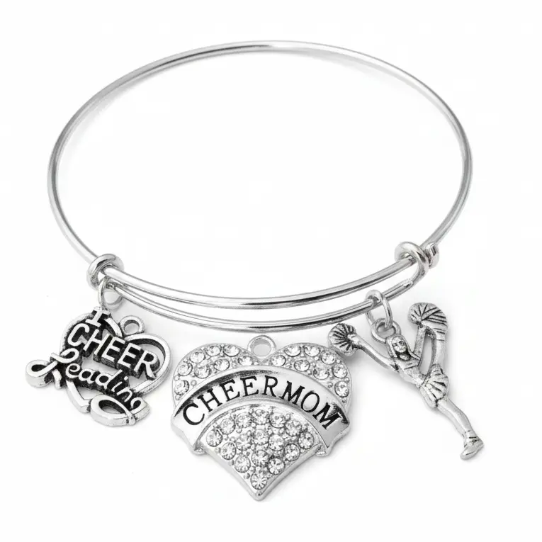 Cheer Mom Bracelet | Crystal Heart Charm Bangle | Cheerleading Gift for Cheer Team Mom