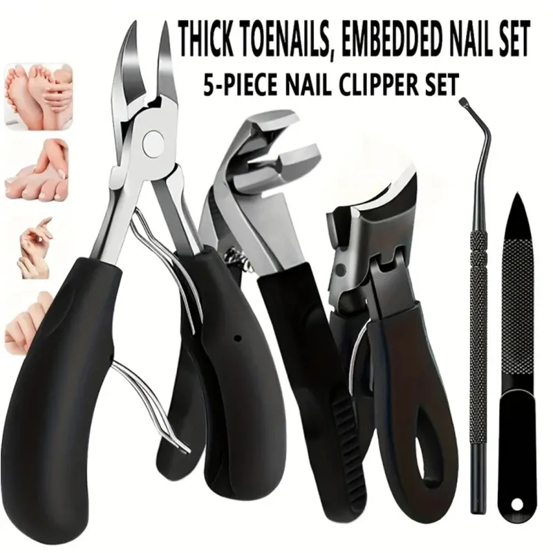 5Pcs Nail Care Pedicure Kit for Ingrown & Thick Toenails - Heavy-Duty Clippers Set with Nail File, Cuticle Nippers, and Grooming Tools