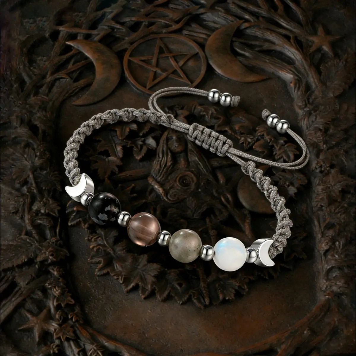 Witchy Natural Crystal Energy Bracelet - Moonstone, Obsidian, Smoky Quartz, Labradorite, Dark Gradient Beads, Soft Cord - Witchtok Everyday Wear Costume Jewelry for Clearing Negativity, Balancing Emotions