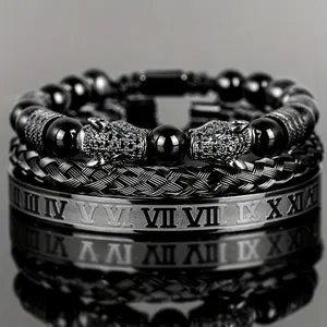 3PCS Men's Advanced Black Agate Bead Bracelet Set - Double Leopard Head, Roman Numerals, Adjustable Weaving Design - Fashionable and Simple Neutral Fashion Accessories, Gift for Boyfriend, Father, Perfect Birthday Gift, Festival Gift, Shipping Gift B