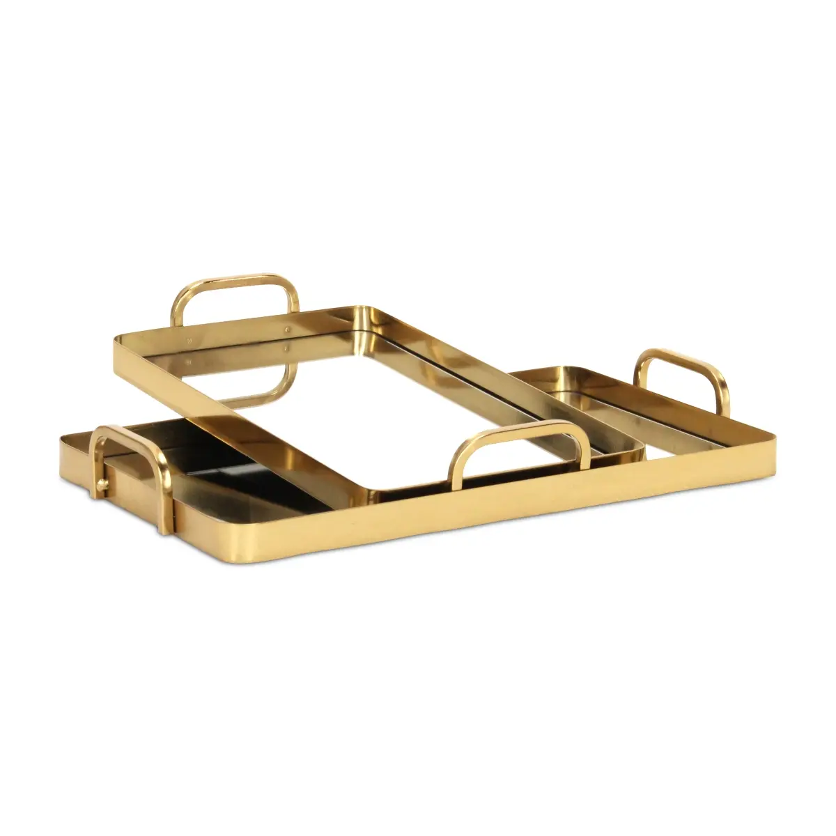 Cheungs 6096-2GD Artisanal Handmade Plates - 2-Piece Fully Assembled Small Golden Rectangular Metal & Mirrored Trays with Side Handles, 7 lbs Nested Sets, Indoor Home Decor Kitchen Tableware