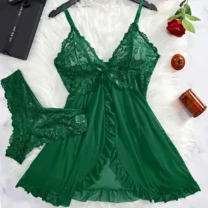 5Color Lace Nightgown Women Exquisite Homewear New Green Nighttime Pajamas Transparent Split Nightdress V-Neck Bra Panty Sets Nightwear