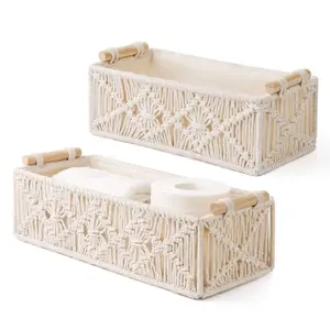 Macrame Storage Baskets Boho Decor Box Handmade Woven Decorative Countertop Toilet Tank Shelf Cabinet Organizer for Bedroom Livingroom Home, Set of 2, Ivory