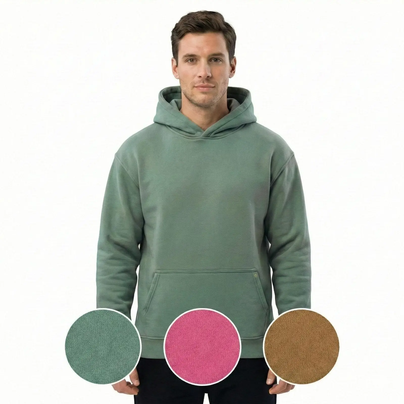 High Level Men's Stonewashed Cotton Hoodie - Long-Sleeve Casual Menswear, Stylish Plain Streetwear Top with Kangaroo Pocket, Caramel/Pink/Sage Colors, Essential Father's Day Summer Outfit