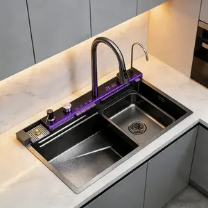 30 Inch Smart Digital Display Kitchen Sink Water Powered Piano Key Control 3 Water Modes Pull Out Faucet Dual Knob Honeycomb Coating US Garbage Disposal Compatible