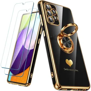 for  Galaxy A52 5G/4G Case with 2 Pack Screen Protector, 360? Rotatable Ring Holder [Luxury Hearts Pattern]   Edge Slim Soft Phone Cover Case for Galaxy A52 - Black