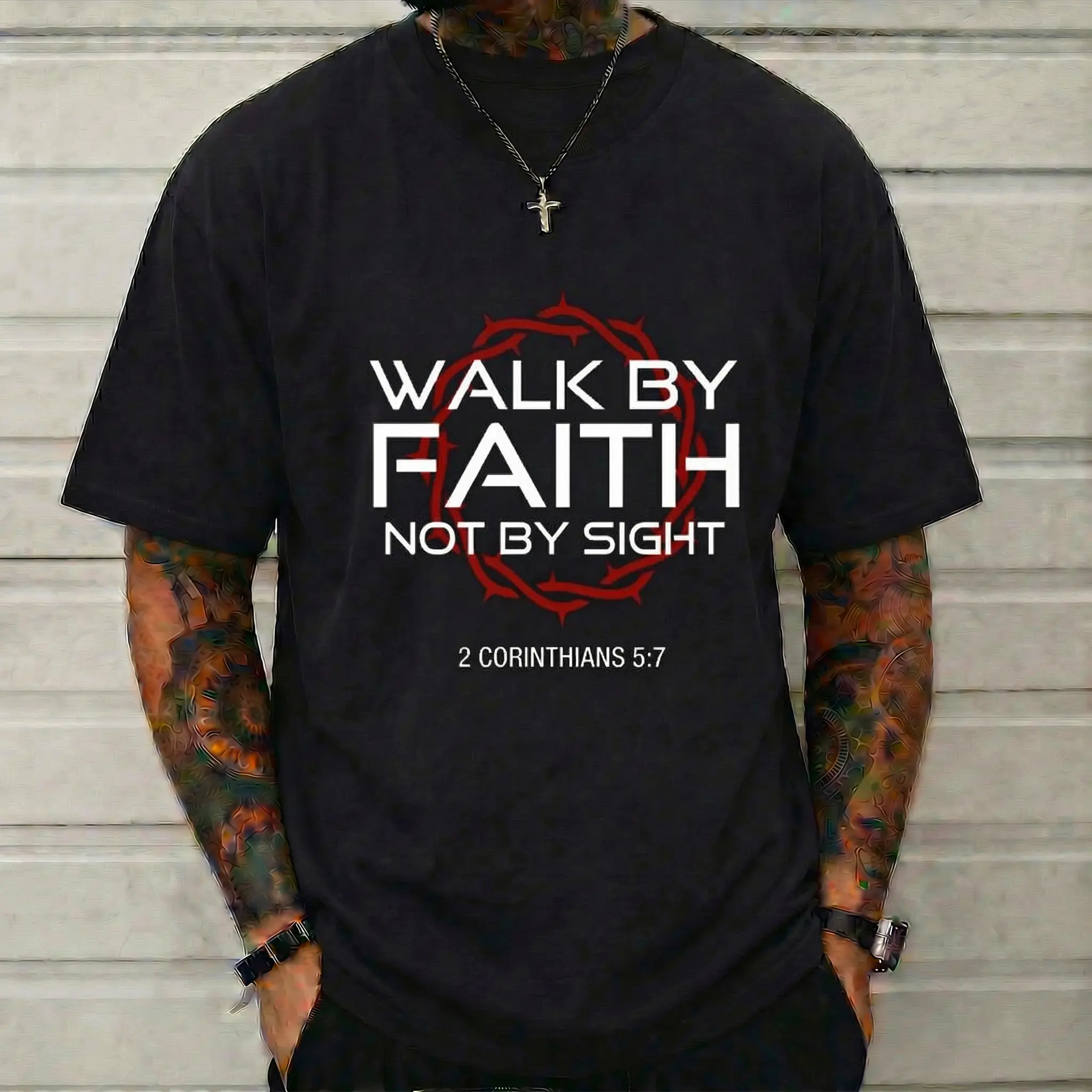 Menswear Short-Sleeve Bible Verse Print T-Shirt - Christian Crown Of Thorns Graphic Tee, Unisex Crewneck Inspirational Apparel for Daily Wear
