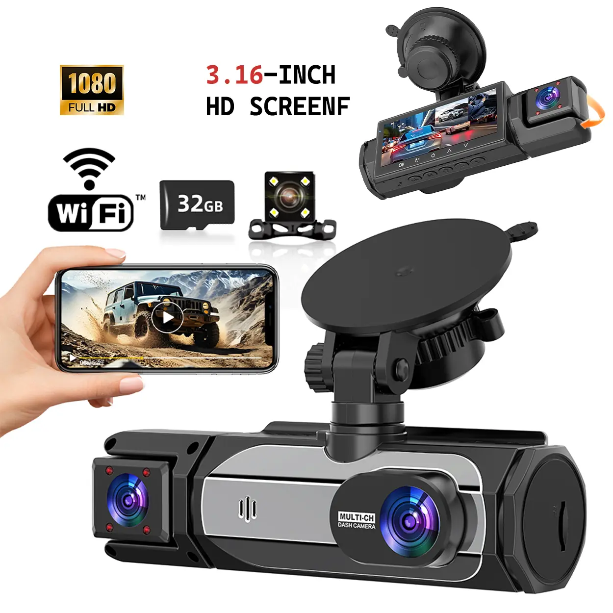 3 Channel WiFi 50/60HZ G-Sensor Stable WiFi High-Durability Shell 3.16" IPS Screen 1080p with Loop Recording Night Vision 8 IR LEDs Motion Detection