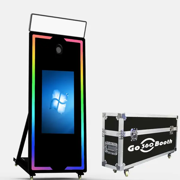GO360BOOTH 65" Metal Mirror Photo Booth with 32-Inch LCD Touchscreen, Ring Light, Flight Case, App Remote, 8GB RAM, 256GB Storage for Weddings, Parties