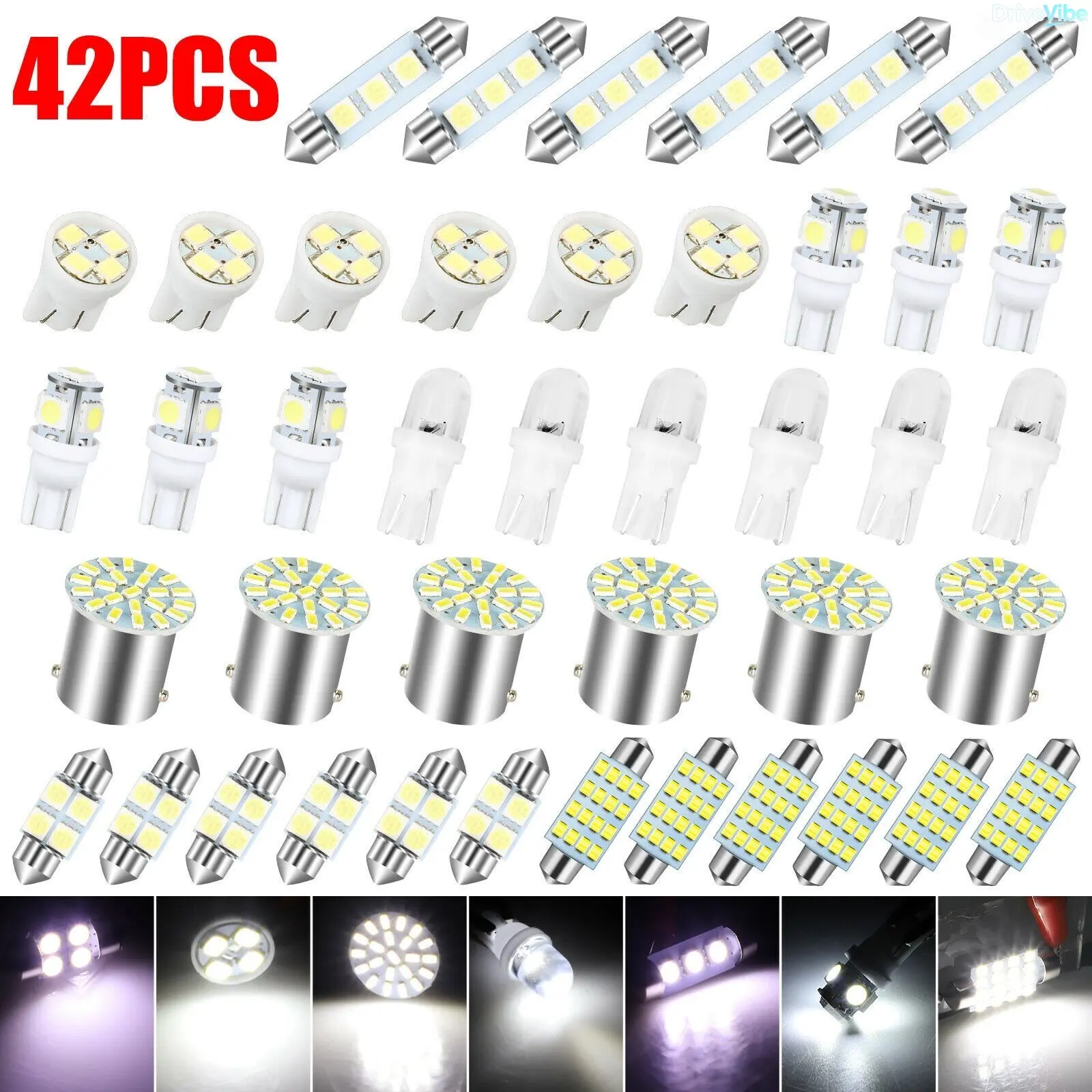 Car LED Interior Light Kit Super Bright 6000K Xenon White 42PCS T10 Combo Universal Fit for Dome Map License Plate Door Auto Accessories
