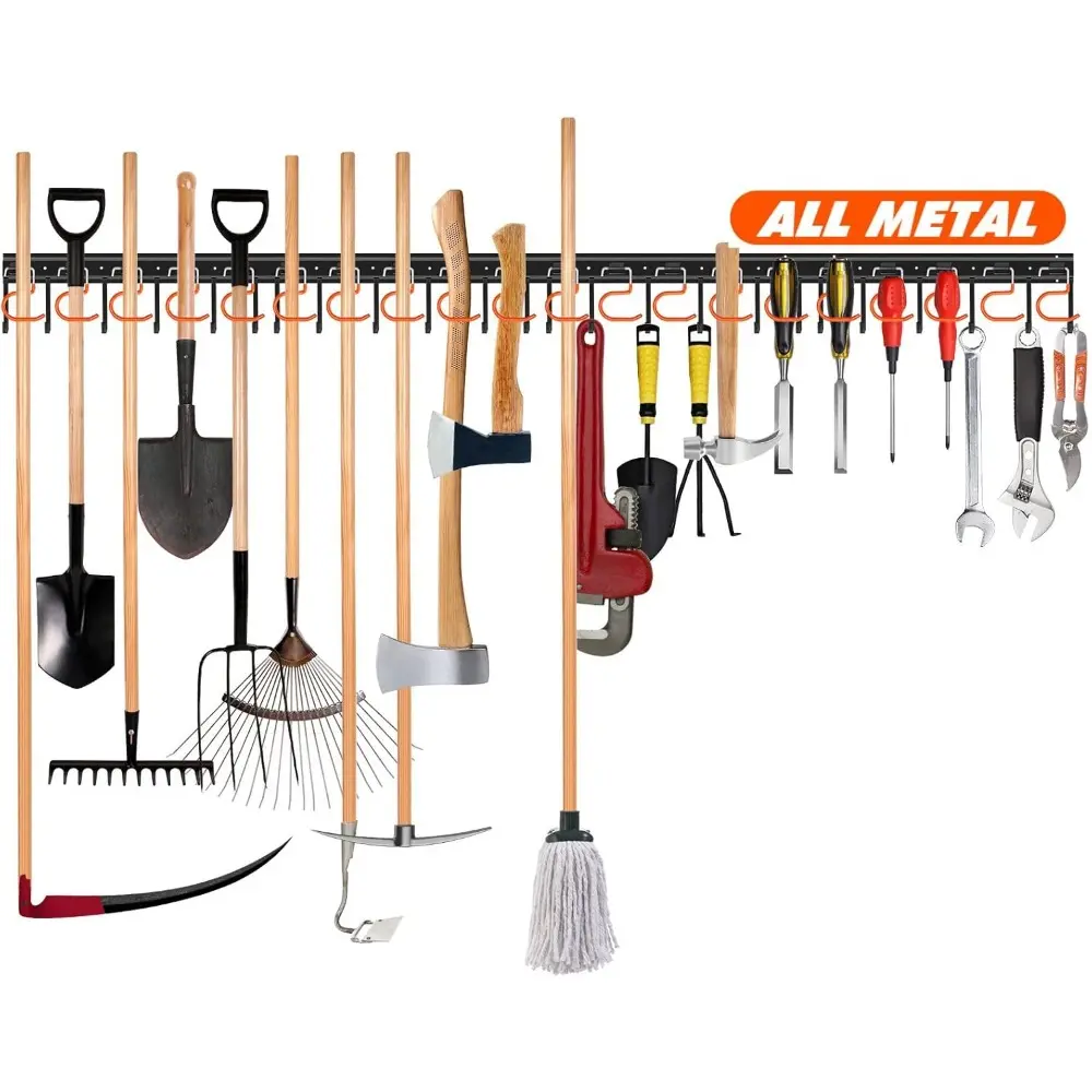 All Metal Tool Organizer, Wall Mount Garage Organizer and Storage With Hooks, Tool Hangers For Shed, Tool Storage Organiser, Yard Tool Rack
