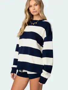 Casual Striped Long Sleeve Sweater Set Two-Piece Short, Comfortable Fitted Knitwear Top for Daily Wear, Stylish for Women, Perfect for Fall & Winter