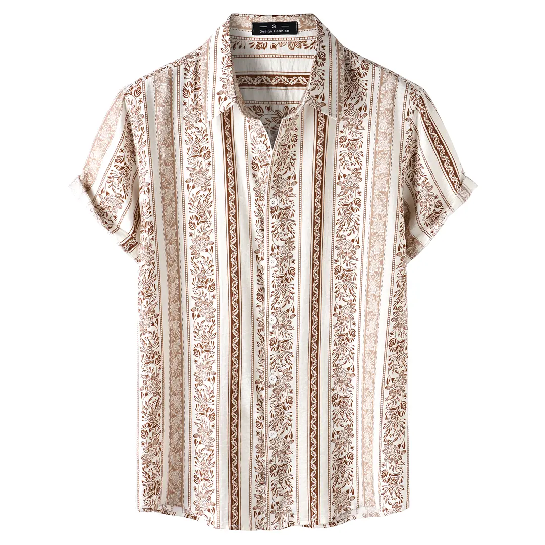 JEMITOP Men's Fitted Tropical Printed Rayon Shirt - Vintage Chic Casual Button-Down with Textured Slub Fabric for Summer Beach, Party, Outdoor, Short Sleeves, Collared, Casual Wear, Stylish, Flowers, Low Iron, Button Front