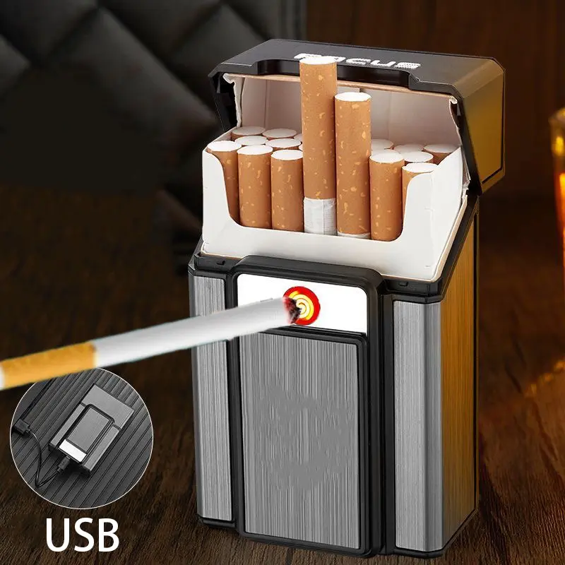 Aluminum alloy lighter, built-in USB rechargeable electronic lighter, standard ejection box holder, flameless windproof lighter, battery not included